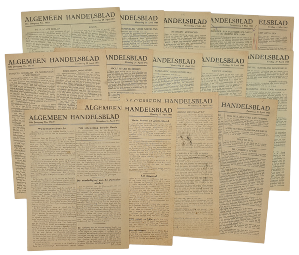 Original WW2 Dutch Newspaper - 14 very late war ''Algemeen Handelsblad'' editions (1945)