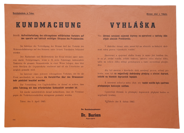 Original WW2 German Czechoslovakian Poster - Notice Tabor, 9th of April (1945)