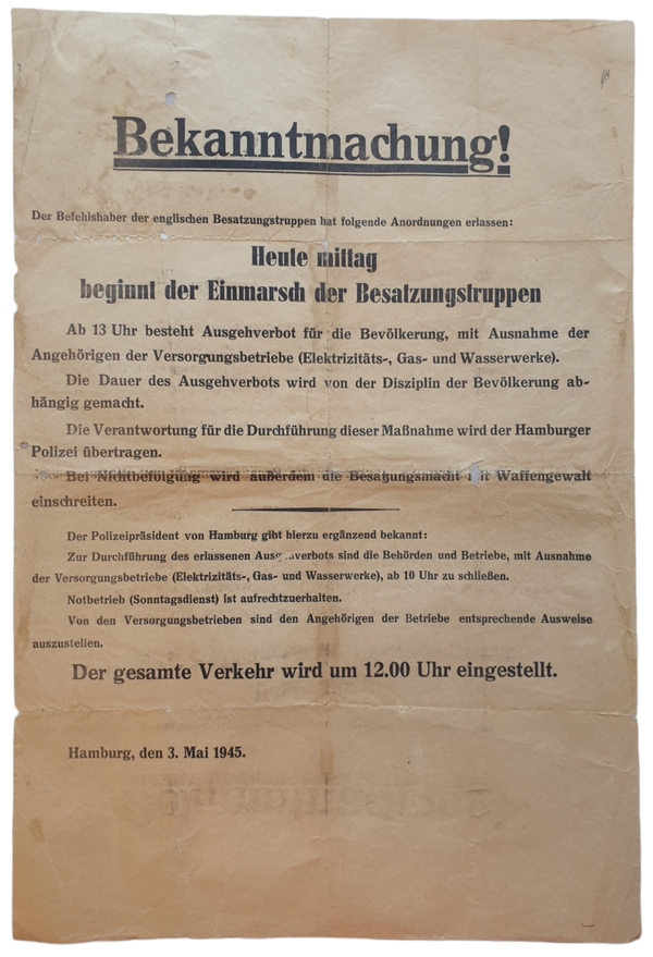 Original WW2 German Poster - Notice Hamburg under British control, 3th of May (1945)