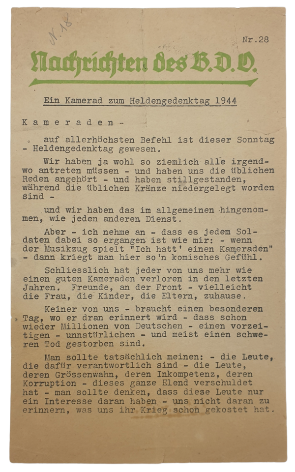 Original WW2 German Document - Nachrichten des B D D Nr. 28; ''Ein Kamerad zum Heldengedenktag (1944)
