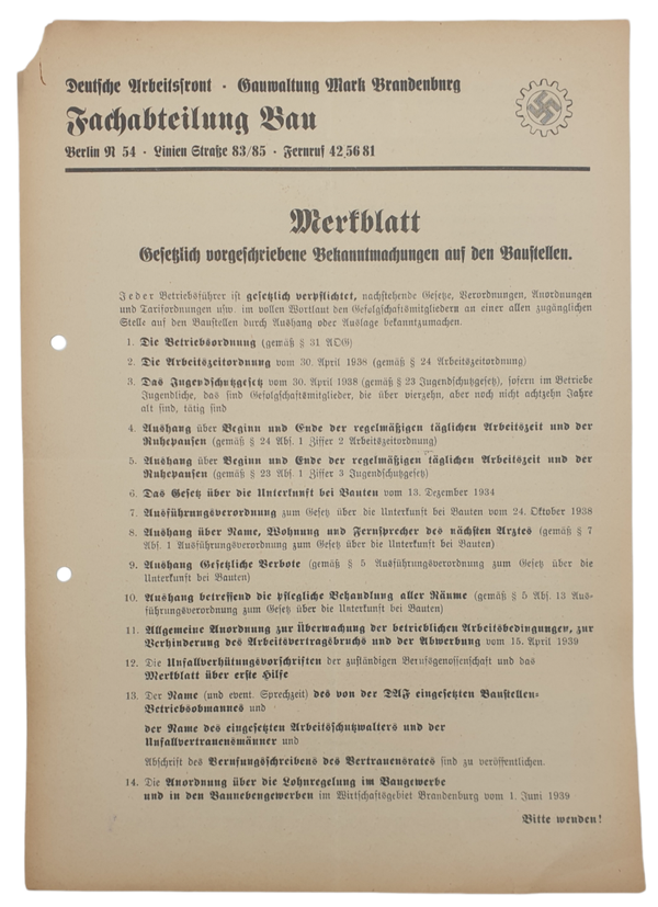 Original WW2 German Document - DAF Deutsche Arbeitsfront Gau Mark Brandenburg Fachabteilung Bau Merkblatt (1939)