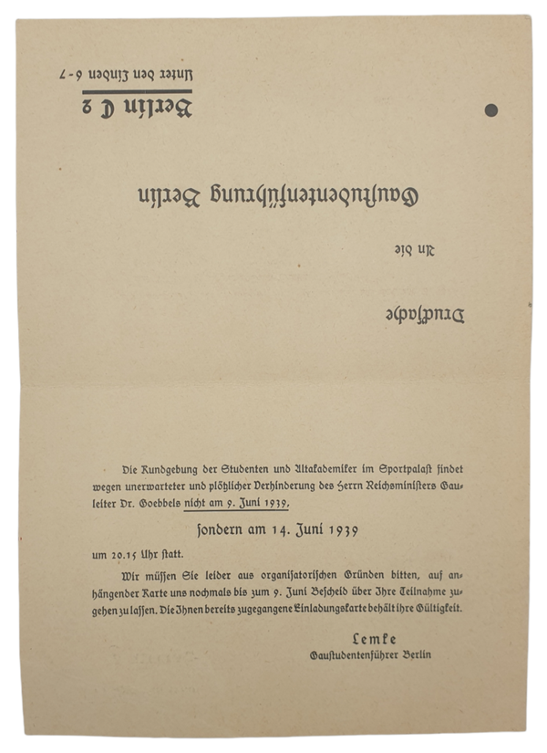 Original WW2 German Document - Change of date Sportpalast Berlin for a Joseph Goebbels speech (1939)