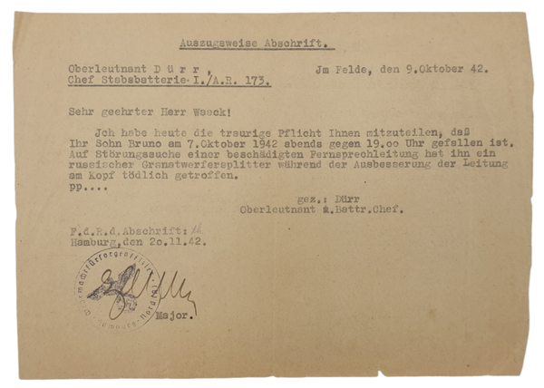 Original WW2 German Document - Death notice Artillerie Regiment 173 (1942)