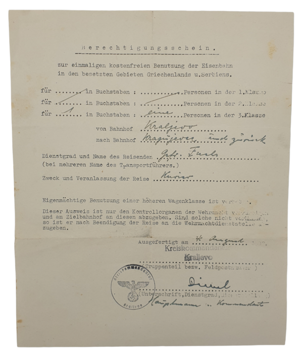 Original WW2 German Document - Berechtigungsschein Kraljevo, Serbia (1942)
