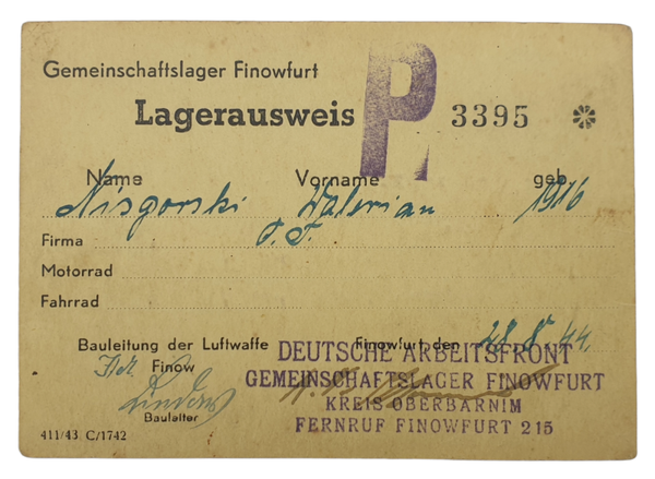 Original WW2 German Document - Lagerausweis Gemeinschaftslager Finofurt (1943)