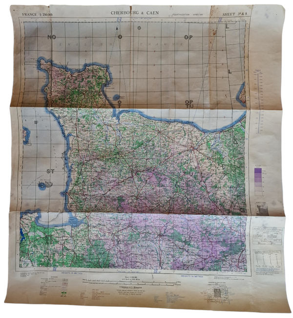 Original WW2 British Map - Cherbourg & Caen, Normandy, France (1943)