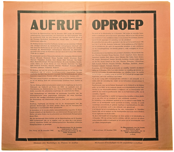 Original WW2 Dutch Poster - Call for forced labor (Arbeitseinsatz), Liese, 29th of December, normal size (1944)