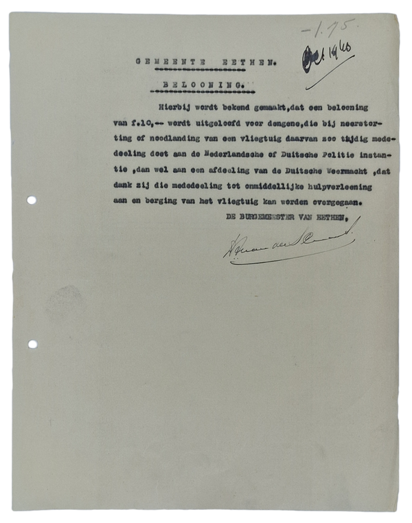 Original WW2 Dutch Document - Authorities looking for a crashed airplane, Eethen (1940)