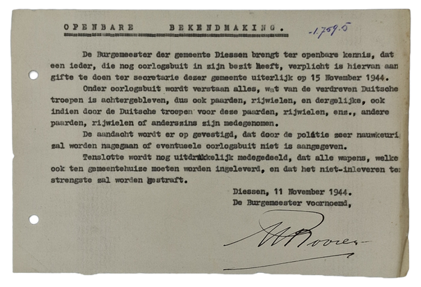 Original WW2 Dutch Document - Handing in leftover weapons, Diessen (1944)