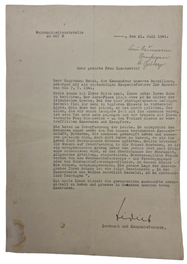Original WW2 German Document - Letter for the family of a KIA Fallen German soldier (1941)