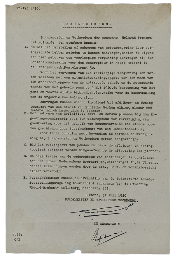 Original WW2 Dutch Document - Notice Helmond rebuilding buildings, 31th of July (1940)