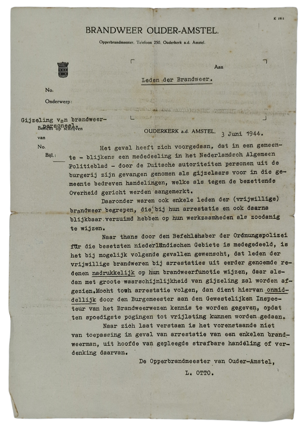 Original WW2 Dutch Document - Fire Brigade Ouder Amstel (1944)