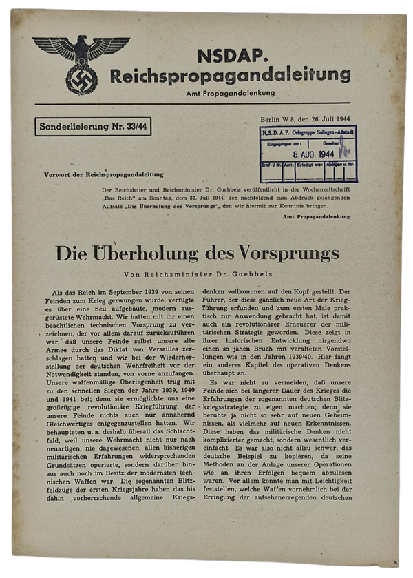 Original WW2 German Document - NSDAP Reichspropagandaleitung Sonderlieferung Nr. 33/44, 26th of July (1944)
