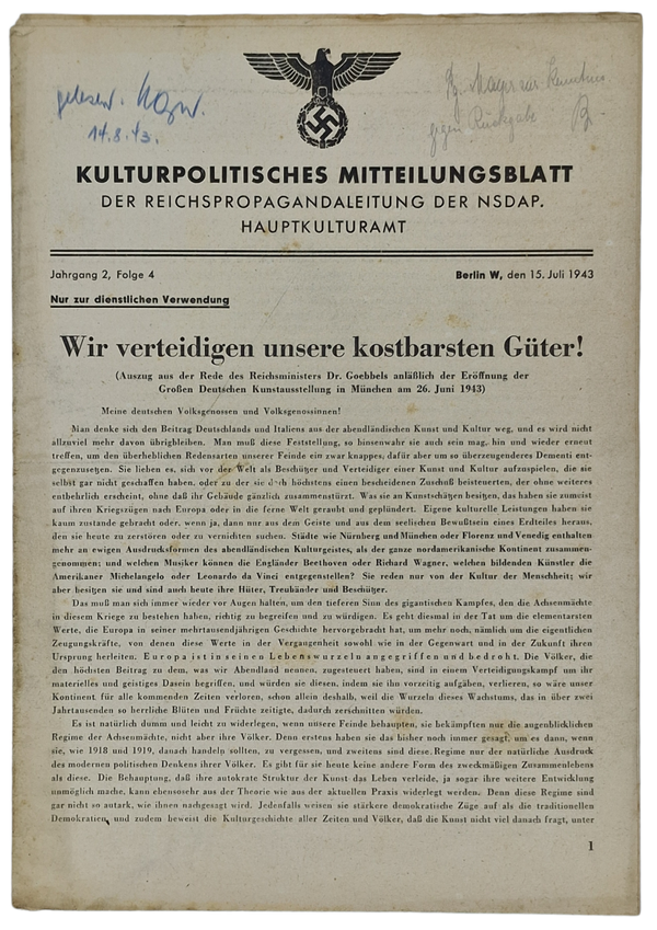 Original WW2 German Document - Kulturpolitisches Mittelungsblatt Jahrgang 2, Folge 4, 15th of July (1943)