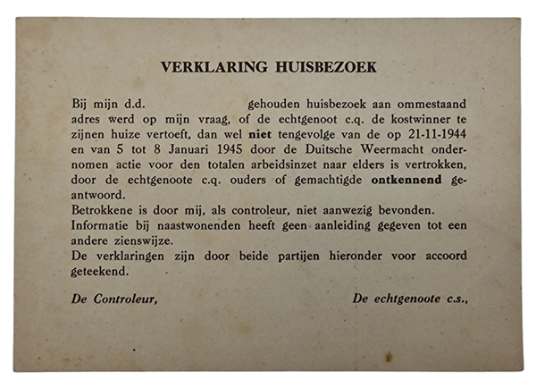Original WW2 Dutch Document - Statement for a home visit by authorities (1945)