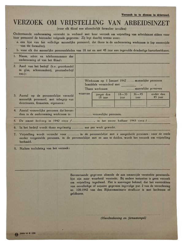 Original WW2 Dutch Document - Request for exemption from Forced Labour (1943)