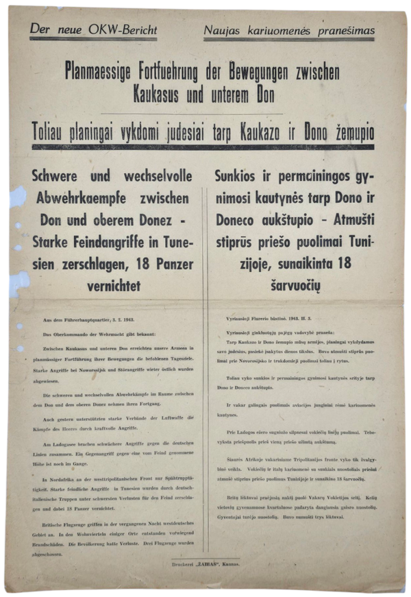 Original WW2 German Lithuanian Poster - OKW-Bericht 3 February (1943)