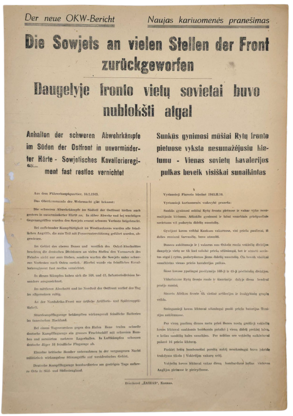 Original WW2 German Lithuanian Poster - OKW-Bericht 10 February (1943)