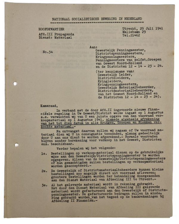 Original WW2 Dutch NSB Collaboration Document - Financial document Ernst Voorhoeve (1941)