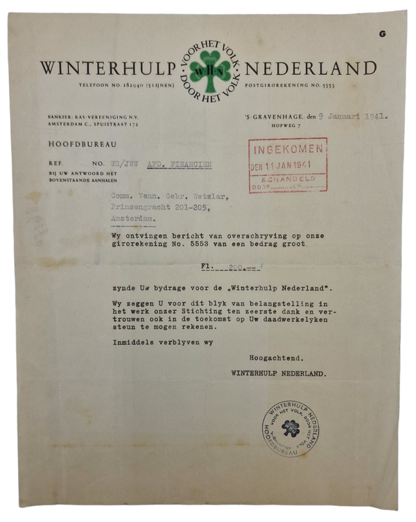 Original WW2 Dutch Collaboration Document - WHN Winterhulp Nederland appreciation letter (1941)