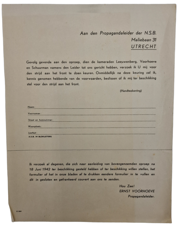 Original WW2 Dutch NSB Collaboration Document - Application for the WA, Ernst Voorhoeve (1942)