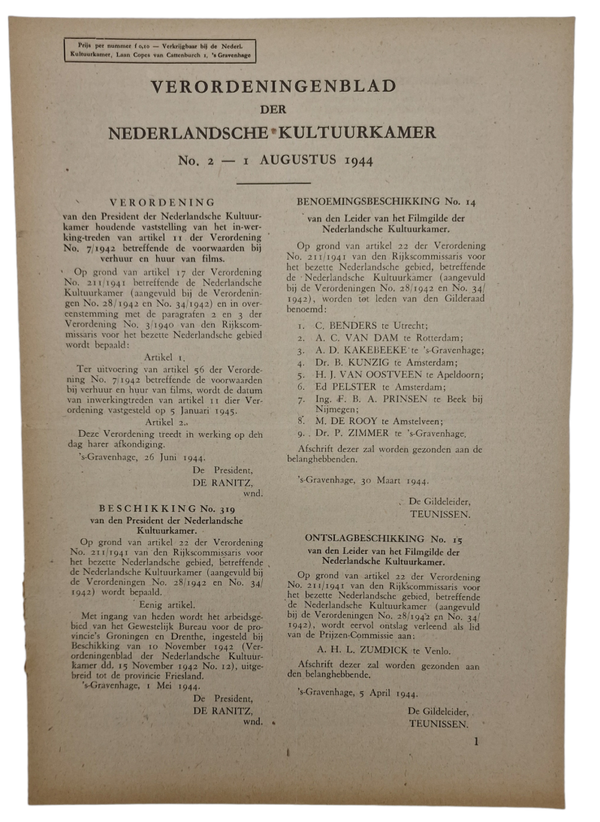 Original WW2 Dutch Collaboration Document - Verordeningenblad Nederlandsche Kultuurkamer No. 2 (1944)