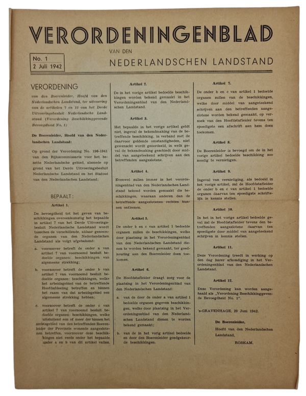Original WW2 Dutch Collaboration Document - Verordeningenblad van den Nederlandschen Landstand No. 1 (1942)