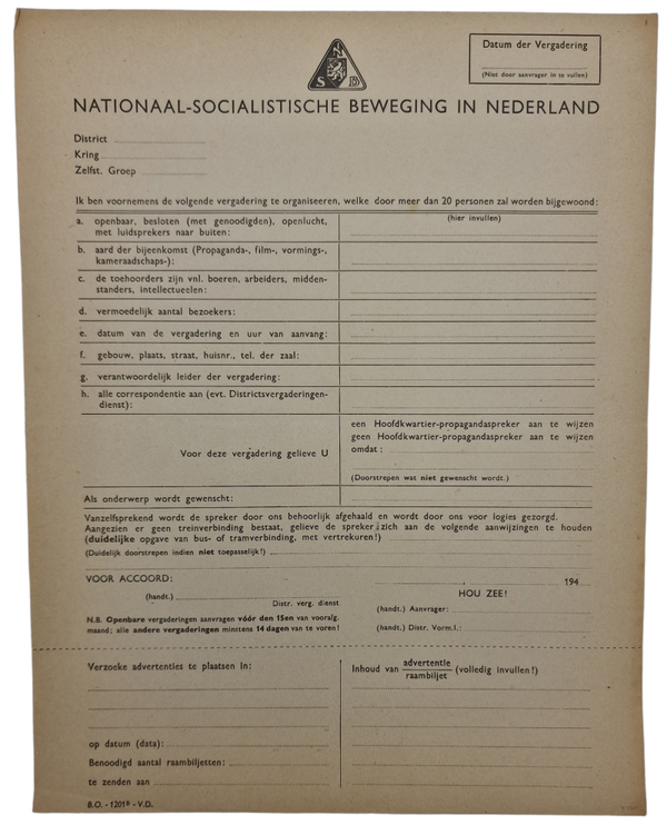 Original WW2 Dutch NSB Collaboration Document - Meeting organisation questionnaire