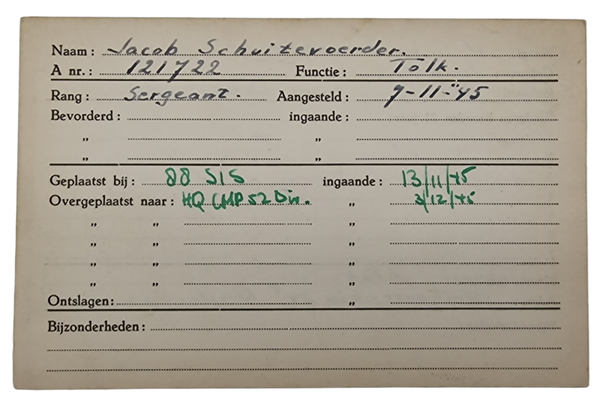 Original WW2 Allied Document - Registration card Dutch interpreter in allied service, Amsterdam (1945)