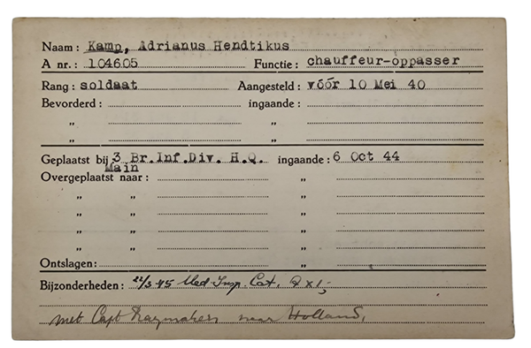 Original WW2 Allied Document - Registration card Dutch interpreter in allied service, Helmond (1944)