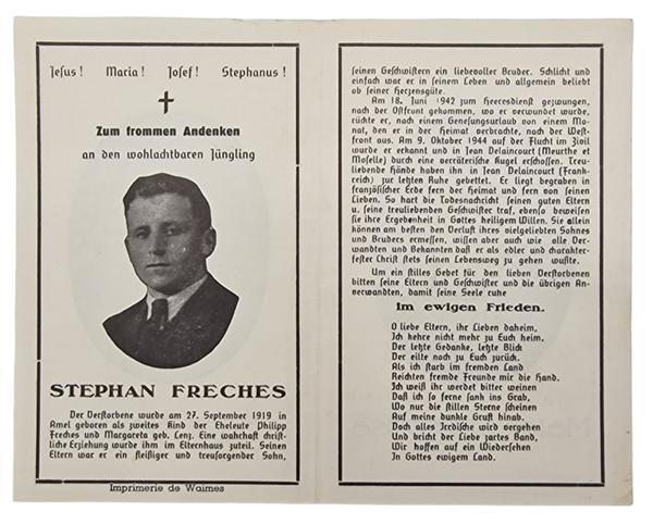 Original WW2 German Document - Death Card Stephan Freches, Jean Delaincourt, France (1944)