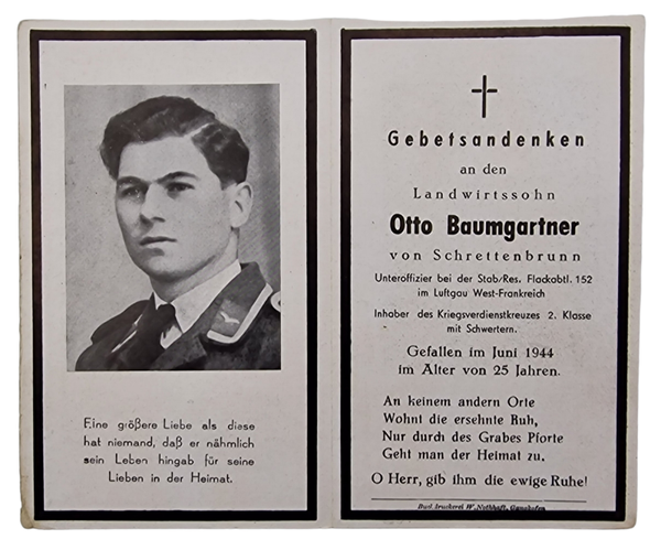 Original WW2 German Document - Death Card Otto Baumgartner, Flakabtl. 152, D-Day Normandy, France (1944)
