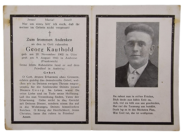 Original WW2 German Document - Death Card Georg Kauthold, Amboise, France (1945)