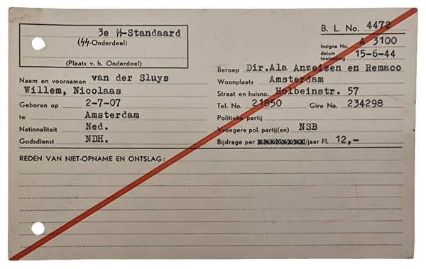 Original WW2 Dutch Waffen SS Document - Archivecard Begunstigend Lid Germaansche SS Amsterdam 3e SS Standaard (1944)
