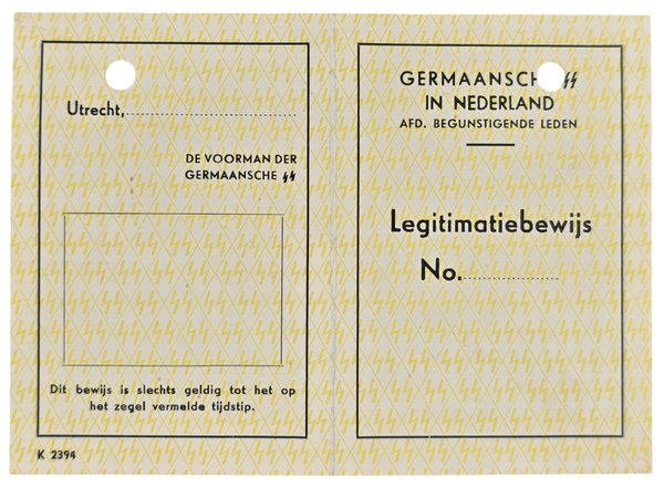 Original WW2 Dutch Waffen SS Document - ID card Legitimatiebewijs Germaansche SS in Nederland, Afd. Begunstigende Leden