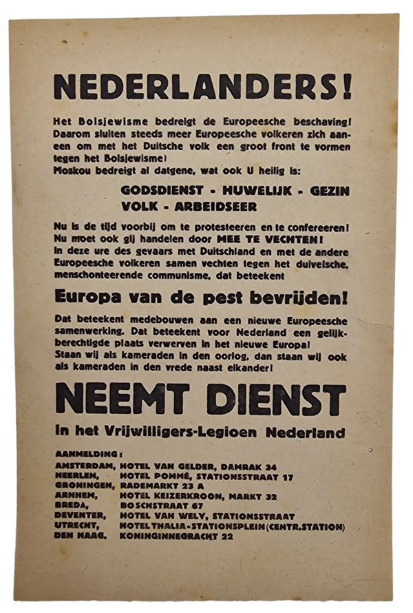 Original WW2 Dutch Waffen SS flyer - Nederlanders! Neemt dienst in het Vrijwilligers Legioen Nederland