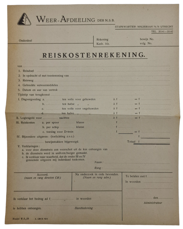 Original WW2 Dutch Collaboration NSB Document - WA Weer Afdeeling Reiskostenrekening