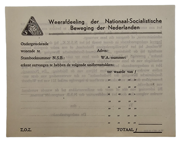 Original WW2 Dutch Collaboration NSB Document - WA Weer Afdeeling Uniform receipt