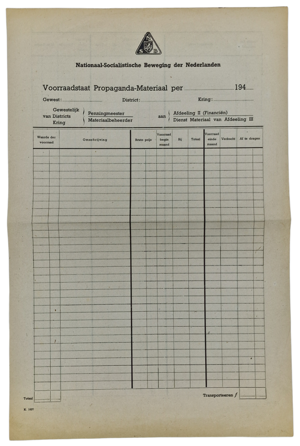 Original WW2 Dutch Collaboration NSB Document - Propaganda Stock administration
