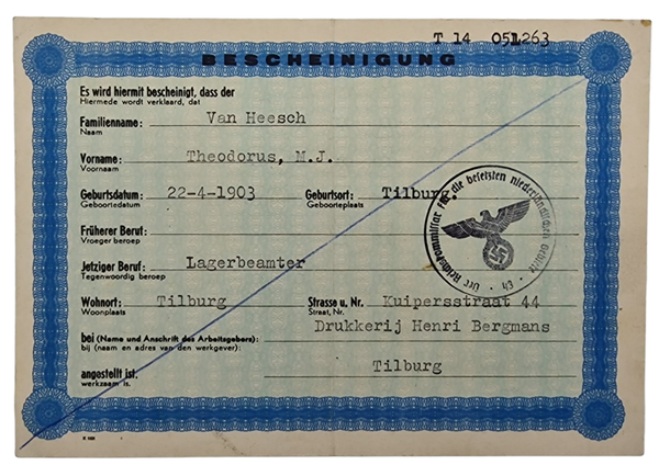 Original WW2 Dutch Document - Bescheinigung Tilburg Theodorus van Heesch
