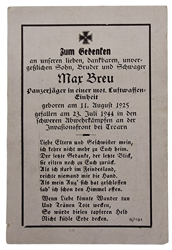 Original WW2 German Document - Death Card Max Breu, Luftwaffe Field Division, Operation Overlord, Troarn, Normandy, France (1944)