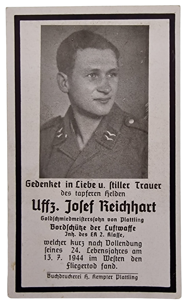 Original WW2 German Document - Death Card Josef Reichhart, Operation Overlord, Normandy, France (1944)