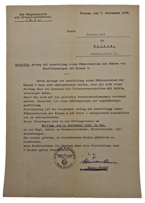 Original WW2 German Document - Application for drivers license, Walsum (1938)