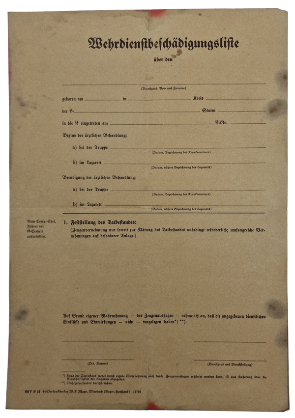 Original WW2 German Waffen SS Document - Wehrdienstbeschädigungliste Waffen SS