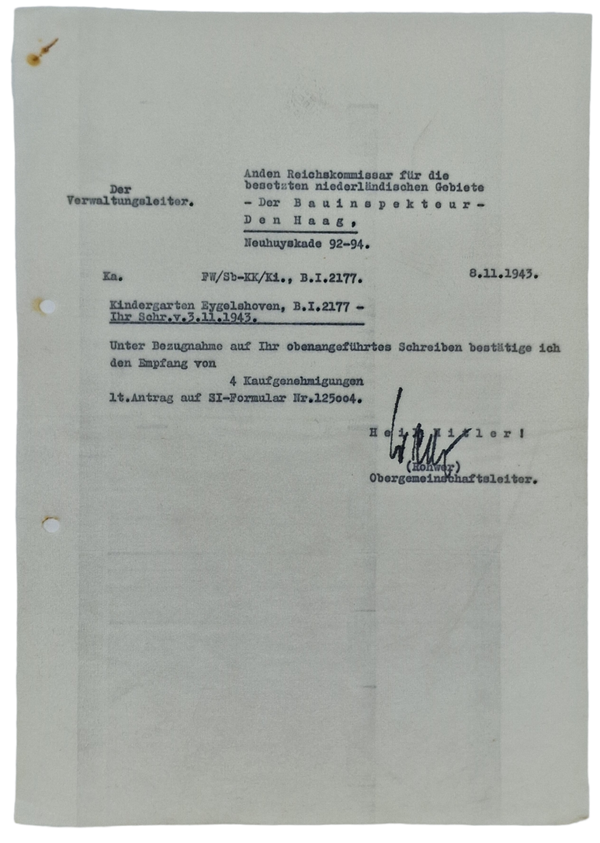 Original WW2 Dutch Collaboration Document - NSDAP Kindergarten Eygelshoven (1943)