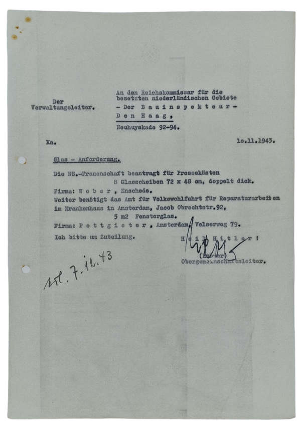 Original WW2 Dutch Collaboration Document - NSDAP NS Frauenschaft, Volkswohlfahrt Krankenhaus Amsterdam (1943)