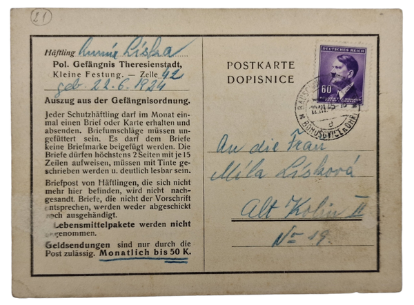 Original WW2 German Concentration Camp Letter - Theresienstadt Kleine Festung (1945)