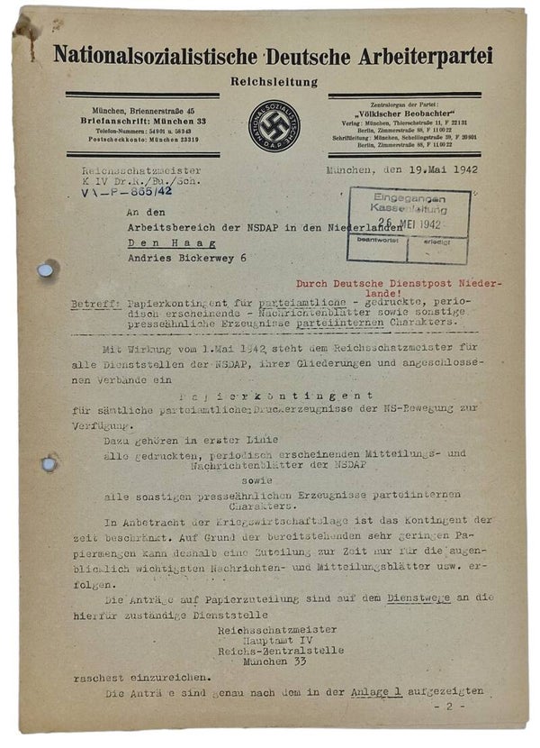 Original WW2 Dutch Collaboration Document - NSDAP Reichsleitung München The Hague (1942)