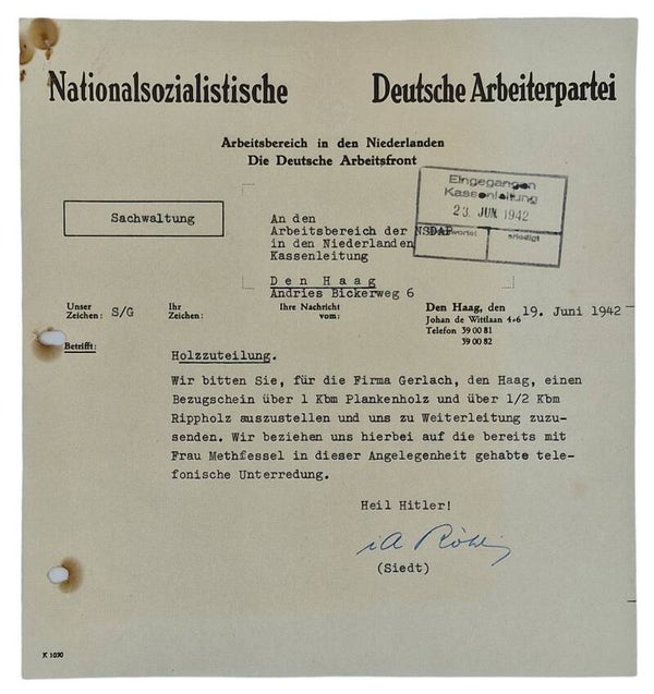 Original WW2 Dutch Collaboration Document - NSDAP DAF Deutsche Arbeitsfront The Hague (1942)