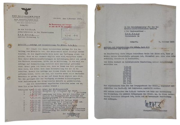 Original WW2 Dutch Collaboration Document - NSDAP Furniture list for multiple houses (1942)